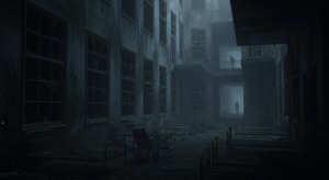 Haunted abandoned asylum at night with broken windows, fog, and ghostly figures in the hallways