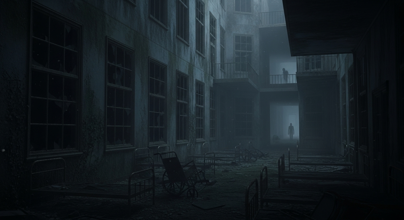 Haunted abandoned asylum at night with broken windows, fog, and ghostly figures in the hallways