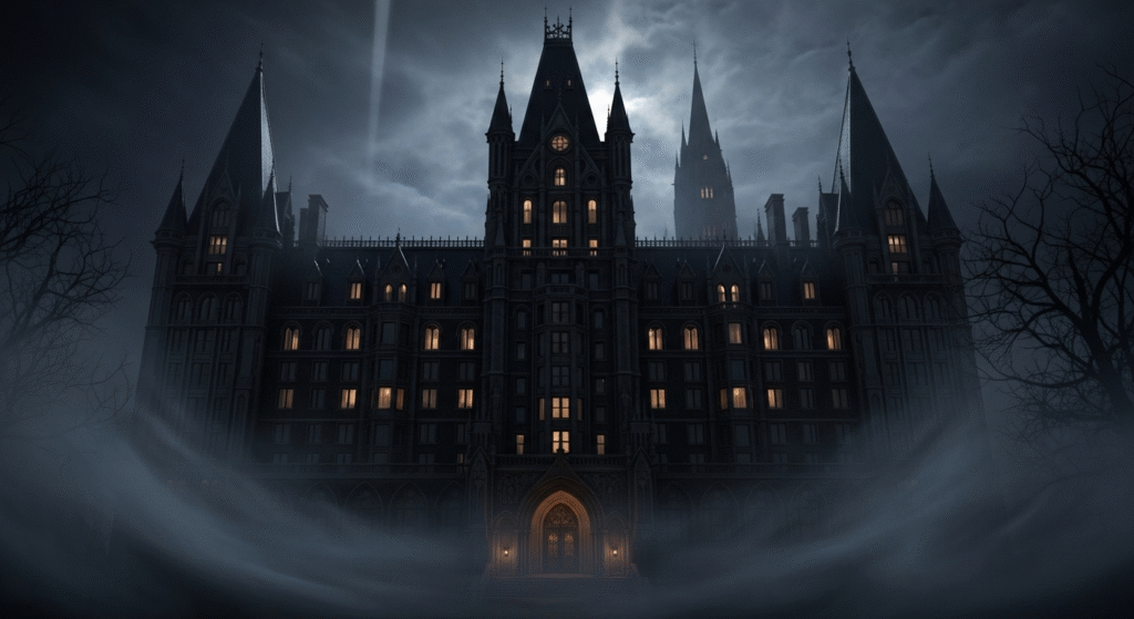 Haunted luxury hotel glowing at night with eerie mist