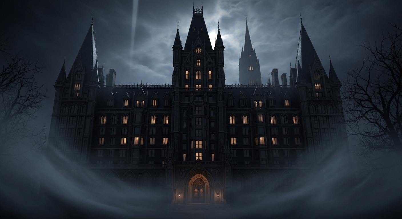 Haunted luxury hotel glowing at night with eerie mist