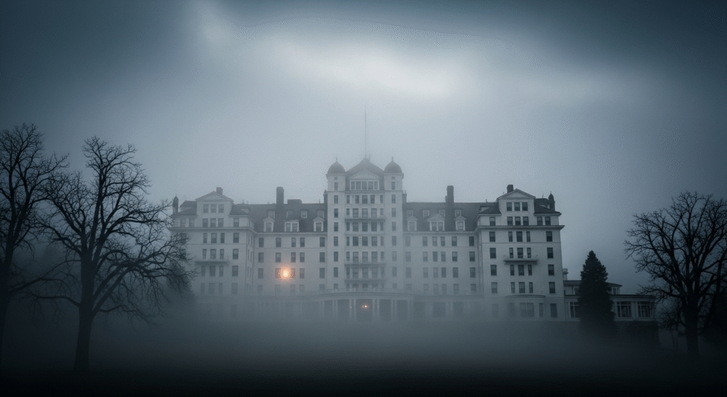 Stanley Hotel in Colorado with haunting fog